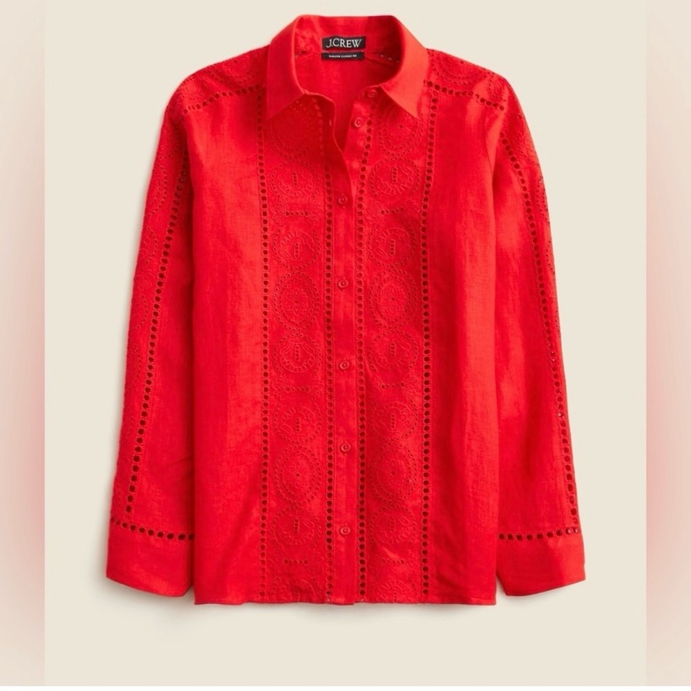 J. Crew Coral-Red Eyelet Button Front Shirt